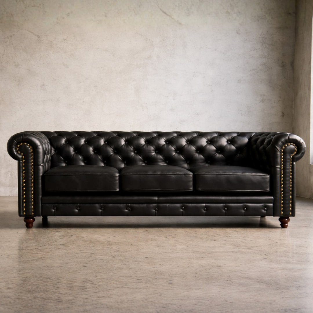 A classic black leather Chesterfield sofa with tufted button detailing, rolled arms, brass nailhead trim, and dark wooden legs, positioned against a textured concrete wall and floor.
