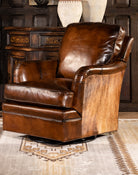 Dark brown burnished leather and brindle cowhide upholstered swivel glider chair made in the USA - Your Western Decor