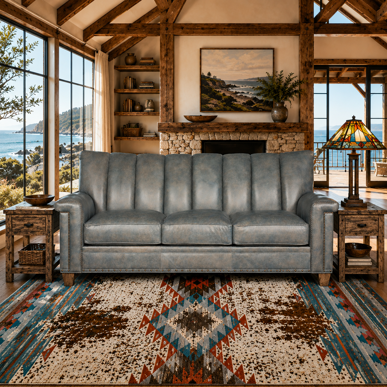 Rustic luxury leather sofa with vertical channel tufting in coastal lodge themed space