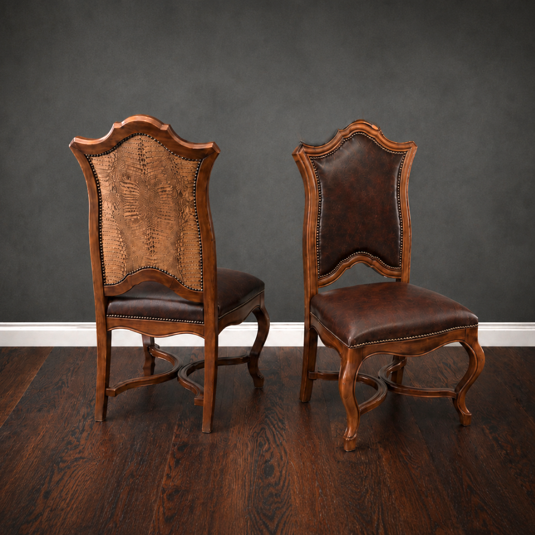 Castillo hacienda dining chair with embossed top-grain leather, nailhead trim and a sculpted exposed hardwood frame