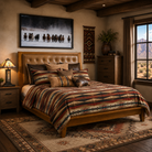 Brown leather tufted headboard bed with canvas hose art and Sunset Canyon bedding 