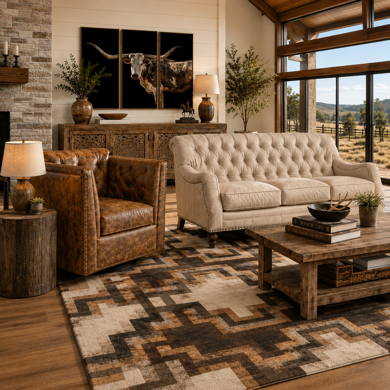 Luxury leather furniture in western themed living room 