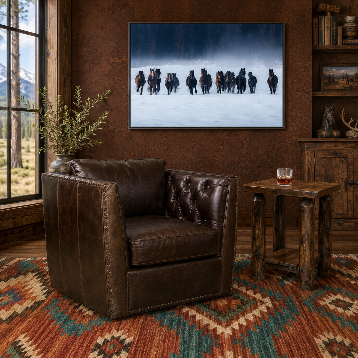Dark brown leather tufted swivel chair with canvas horse art and nothwoods side table