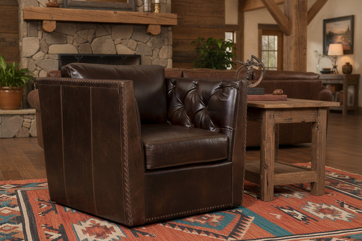 Brown leather armchair in a cozy living room with a stone fireplace and wooden furniture.