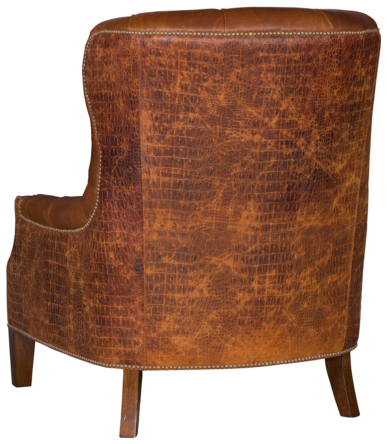 Brown tufted leather chair with embossed gator back and sides 