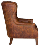 Brown tufted leather wingback chair with embossed leather sides 