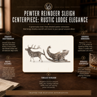 Pewter reindeer sleigh centerpiece with promotional text on a dark background