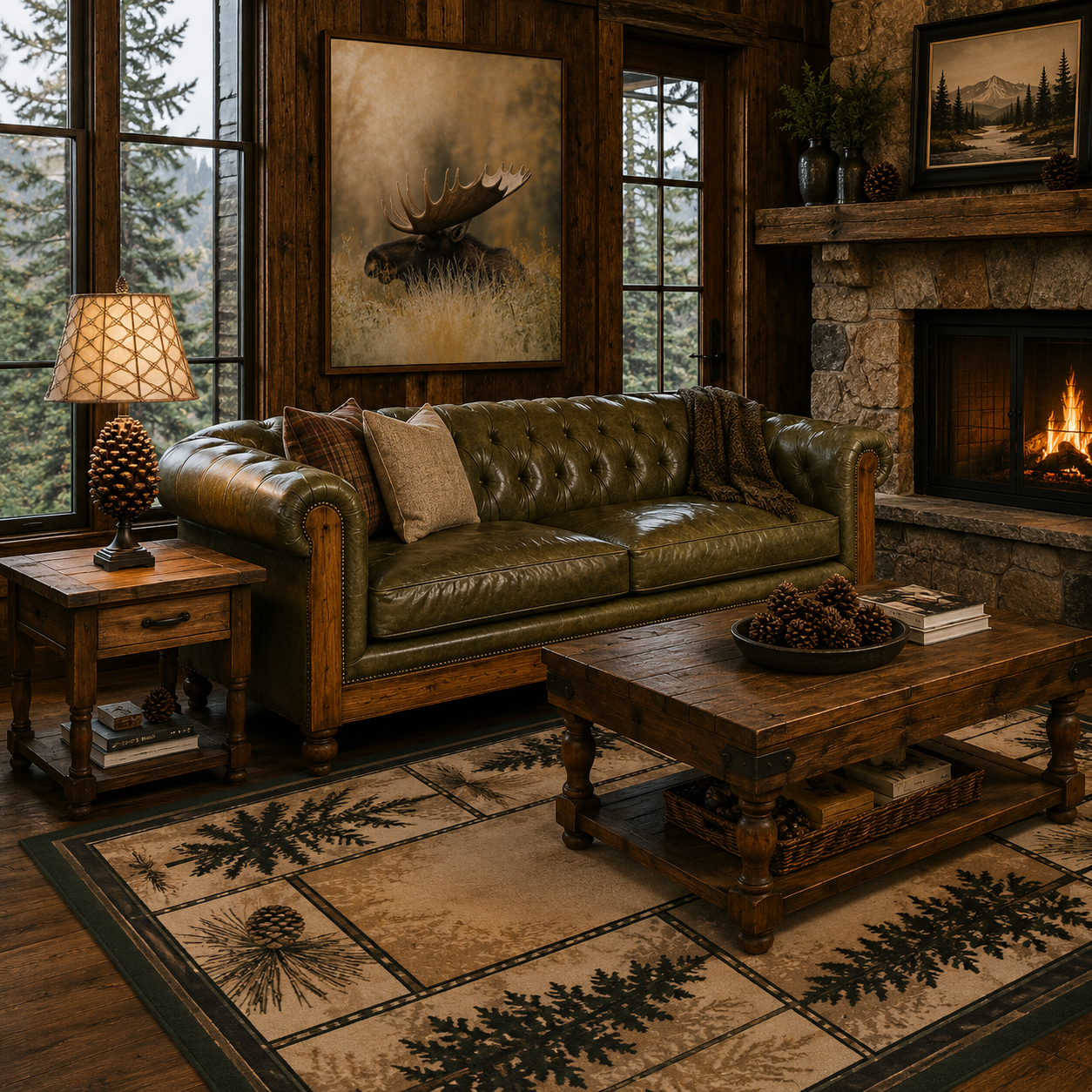 Luxury lodge living room with chesterfield sofa, pine cone lamp and rugs, and The General - moose art 