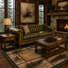 Luxury lodge living room with chesterfield sofa, pine cone lamp and rugs, and The General - moose art 