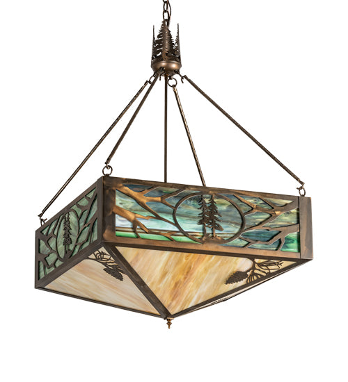 western lodge pendant light with antique copper finish and nature inspired stained glass design