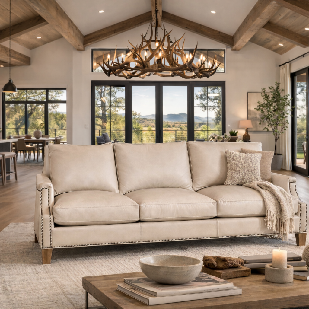 Luxury ivory leather sofa styled in open-concept ranch home with rustic wood beams, scaled antler chandelier, neutral area rug, and expansive mountain views through glass doors
