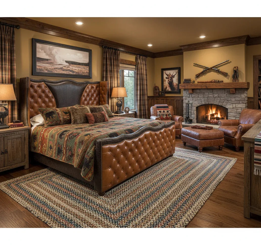 Cozy bedroom with tufted leather bed, fireplace, and decorative elements.