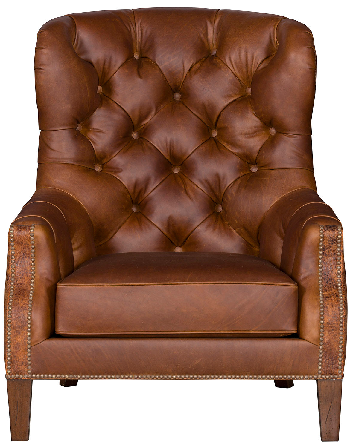 American made brown tufted leather chair with embossed leather outer and nail trim 