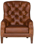 American made brown tufted leather chair with embossed leather outer and nail trim 