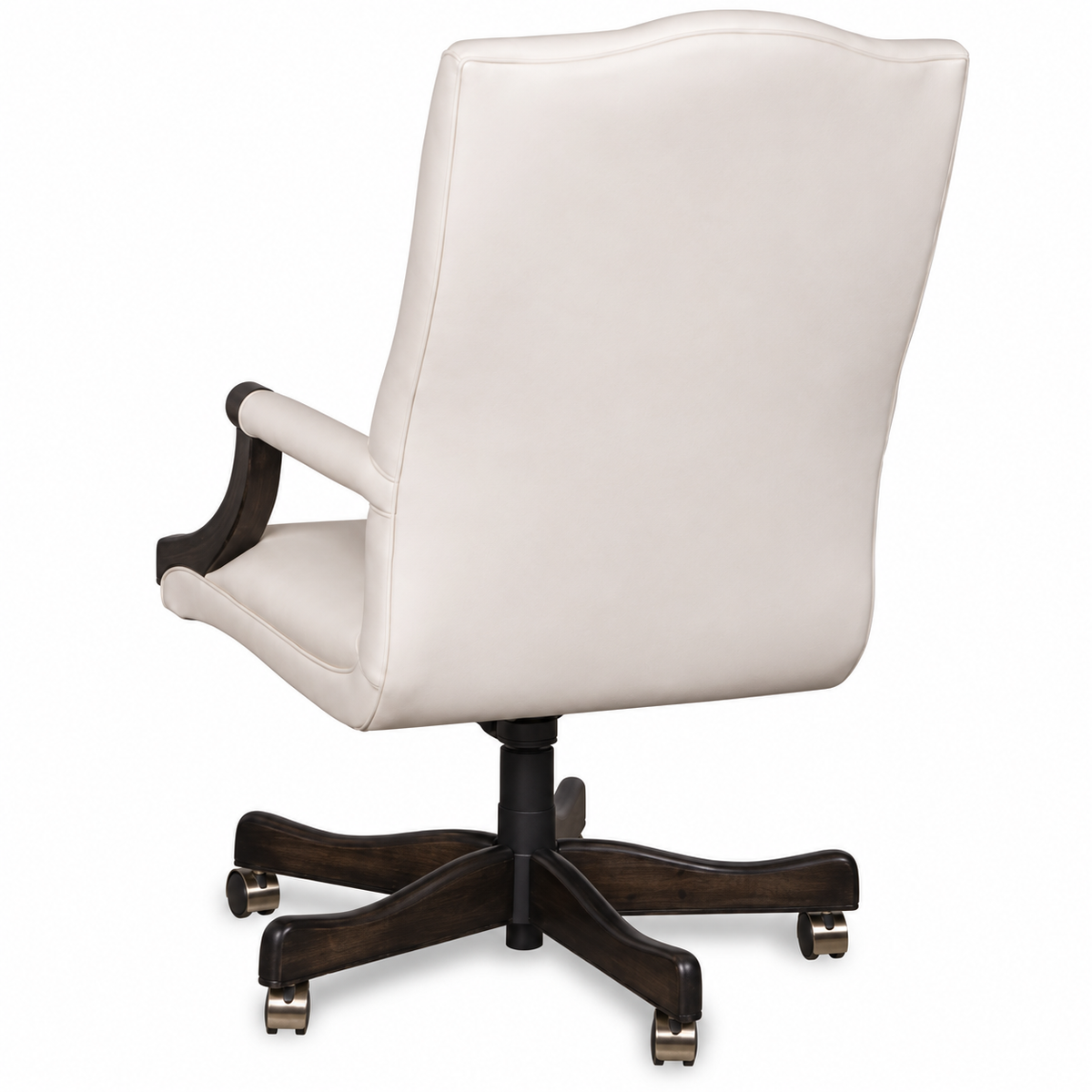 A high-back office chair with off-white colored leather upholstery and a dark brown wooden five-star base with casters, shown from a three-quarters angle on a white background.