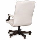 A high-back office chair with off-white colored leather upholstery and a dark brown wooden five-star base with casters, shown from a three-quarters angle on a white background.