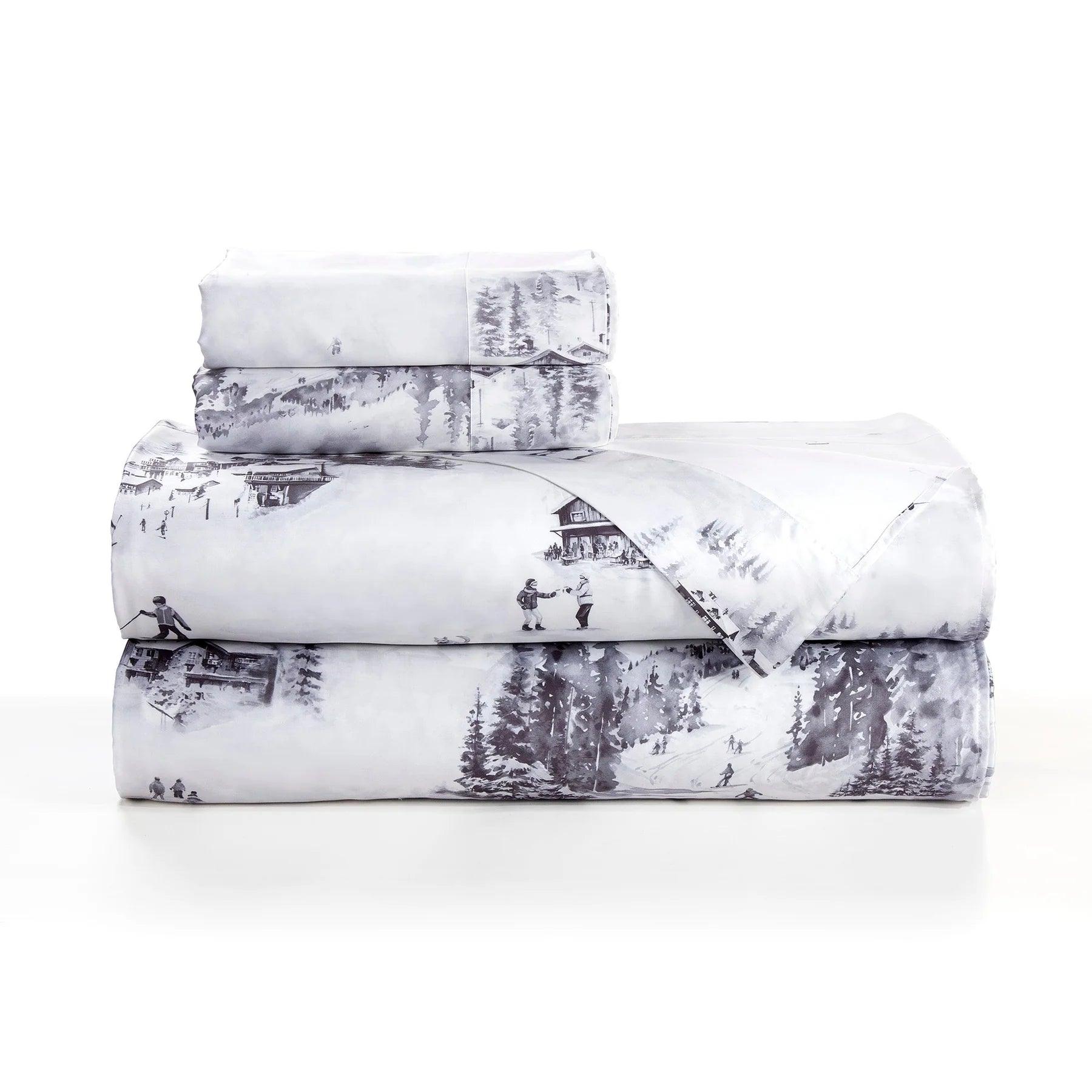 White Lyocell Sheets with Dark Grey Ski Lodge Images - Your Western Decor