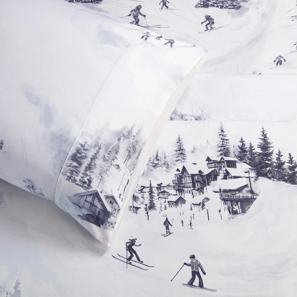 White Lyocell Sheets with Dark Grey Ski Lodge Images - Your Western Decor