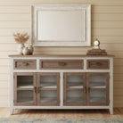 Rustic farmhouse credenza cabinet styled in neutral dining room interior
