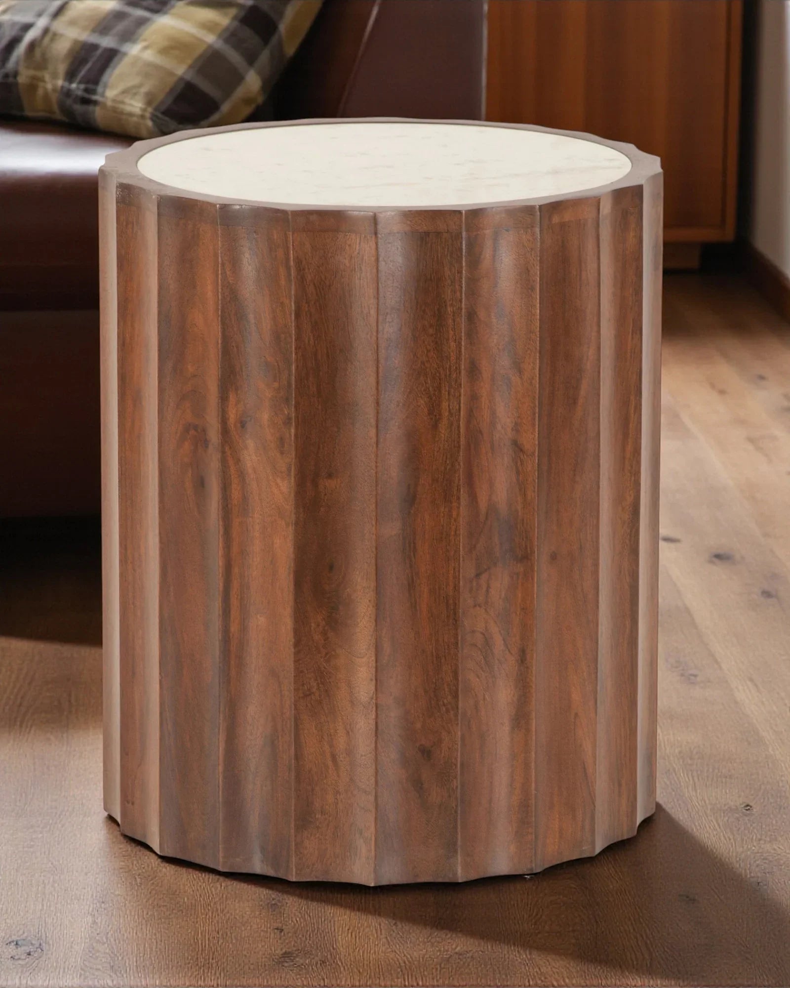 Round Mango Wood Side Table with Marble Top - Your Western Decor