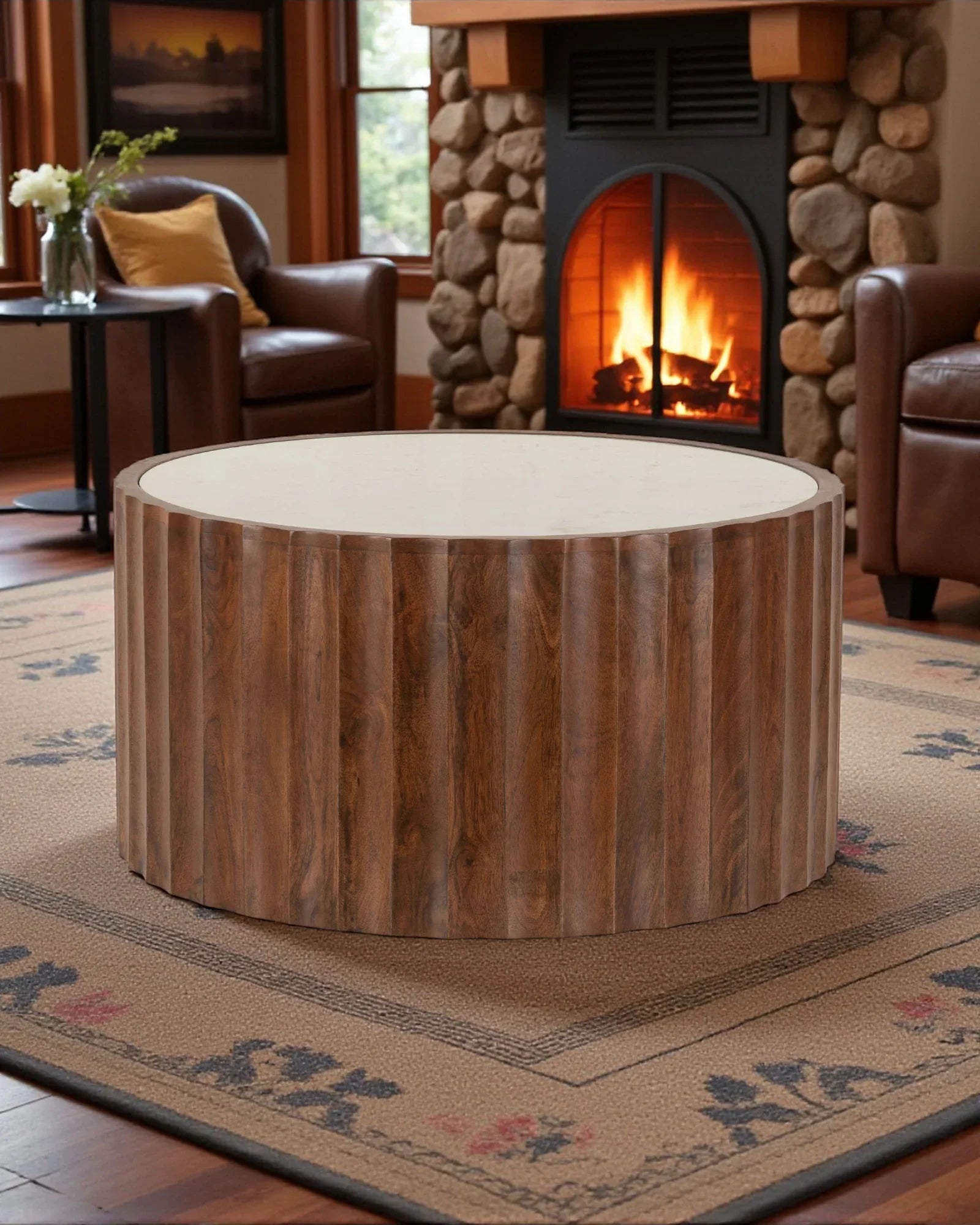 Wooden coffee table in a cozy living room with a fireplace - Your Western Decor
