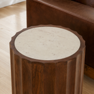 White marble tabletop inset within a scalloped mango wood rim