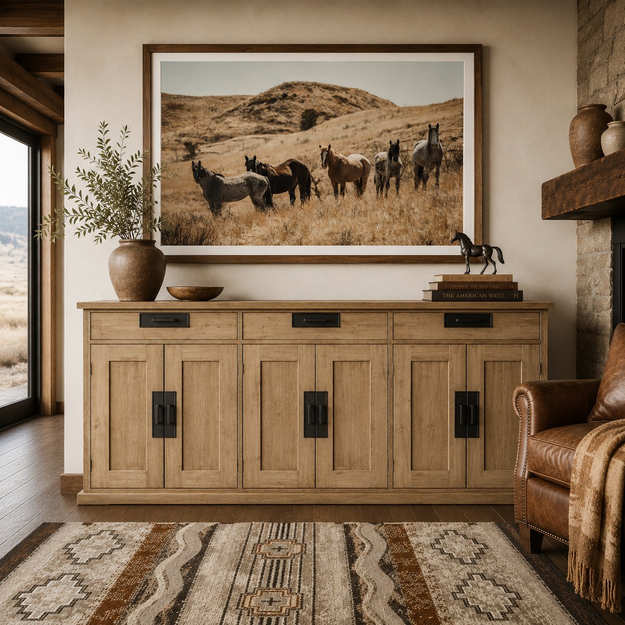 Rustic mango wood buffet cabinet styled in Western ranch-inspired living space