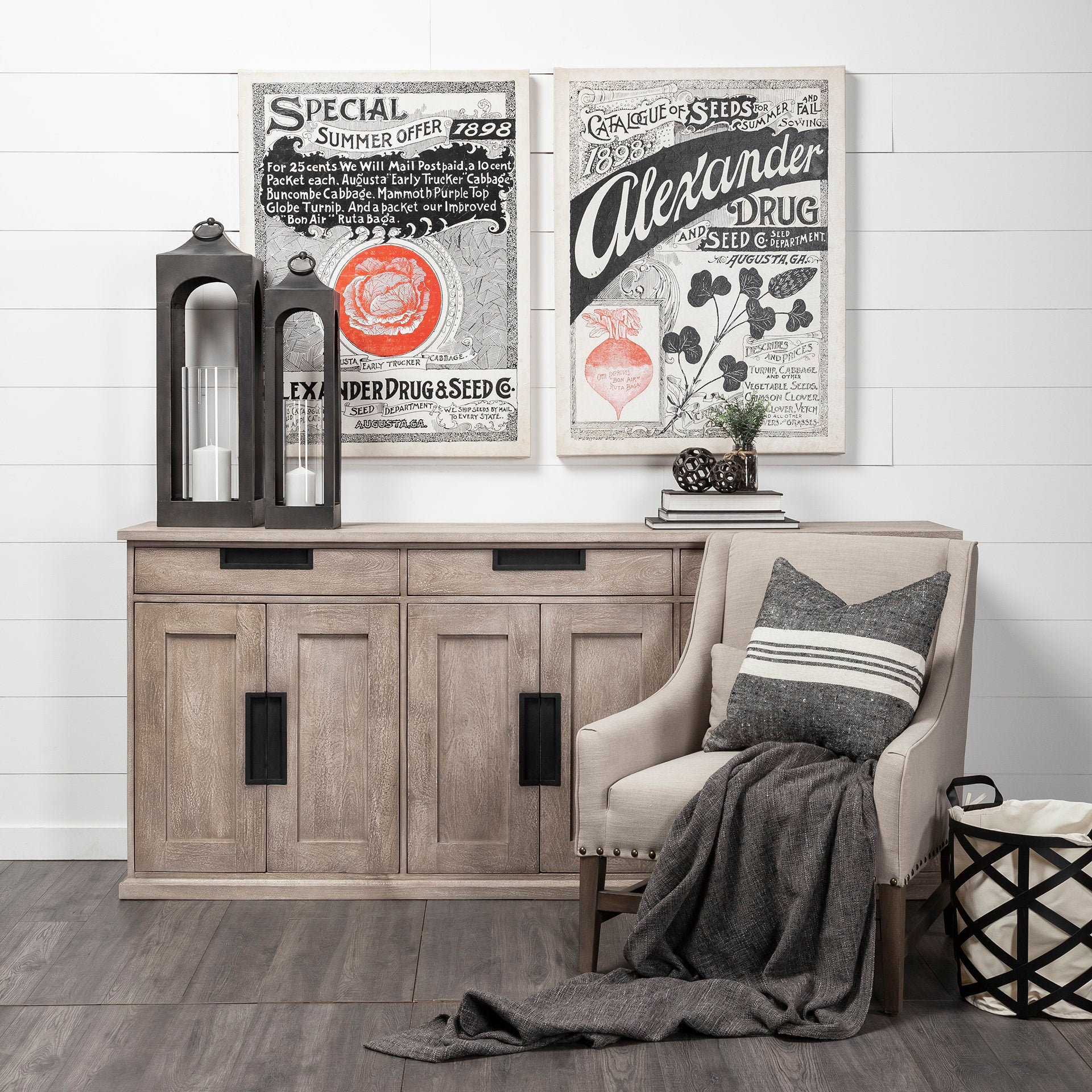 Mango wood sideboard cabinet styled with farmers market wall art and linen accent chair