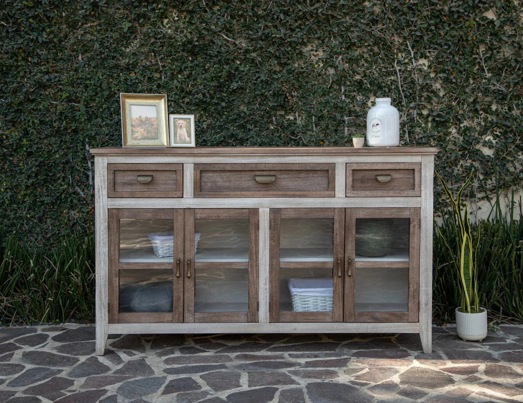 Farmhouse sideboard cabinet with glass doors and distressed mango wood finish