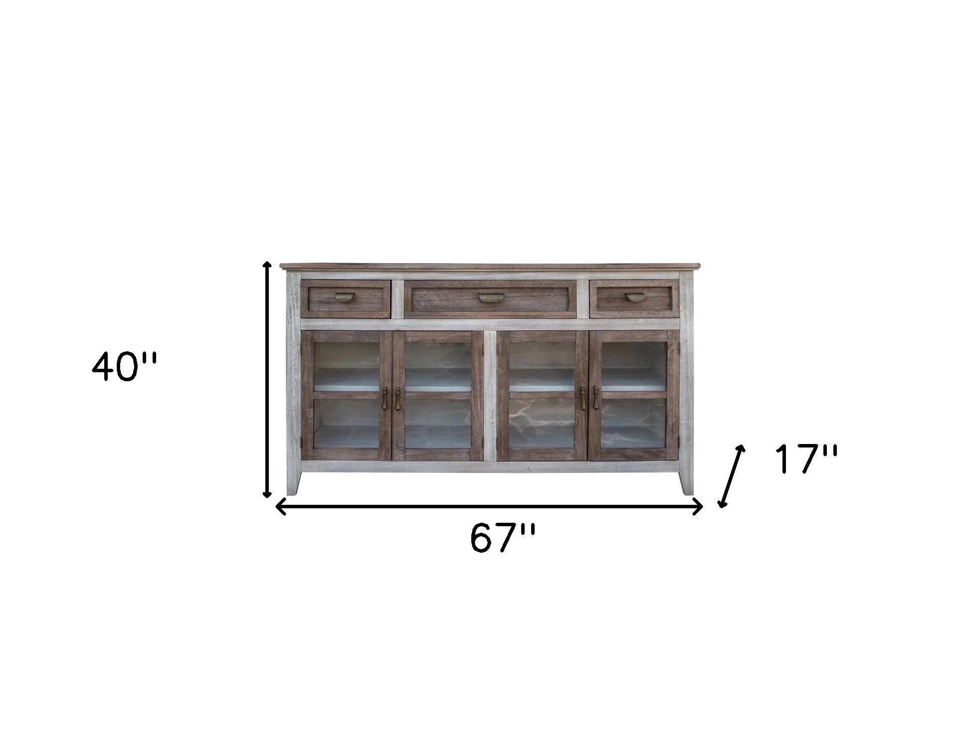 Magnolia distressed farmhouse credenza with glass cabinet doors and mango wood finish