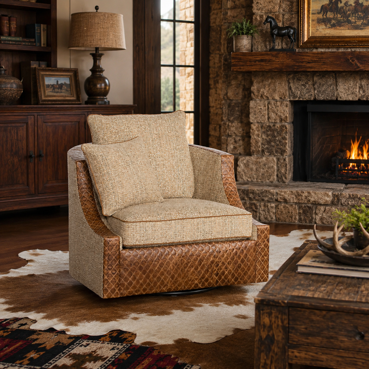 Marlowe Diamond Stitch Swivel Chair upholstered in textured boucle fabric with embossed leather accents in a luxury western ranch living room.