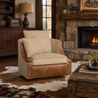 Marlowe Diamond Stitch Swivel Chair upholstered in textured boucle fabric with embossed leather accents in a luxury western ranch living room.