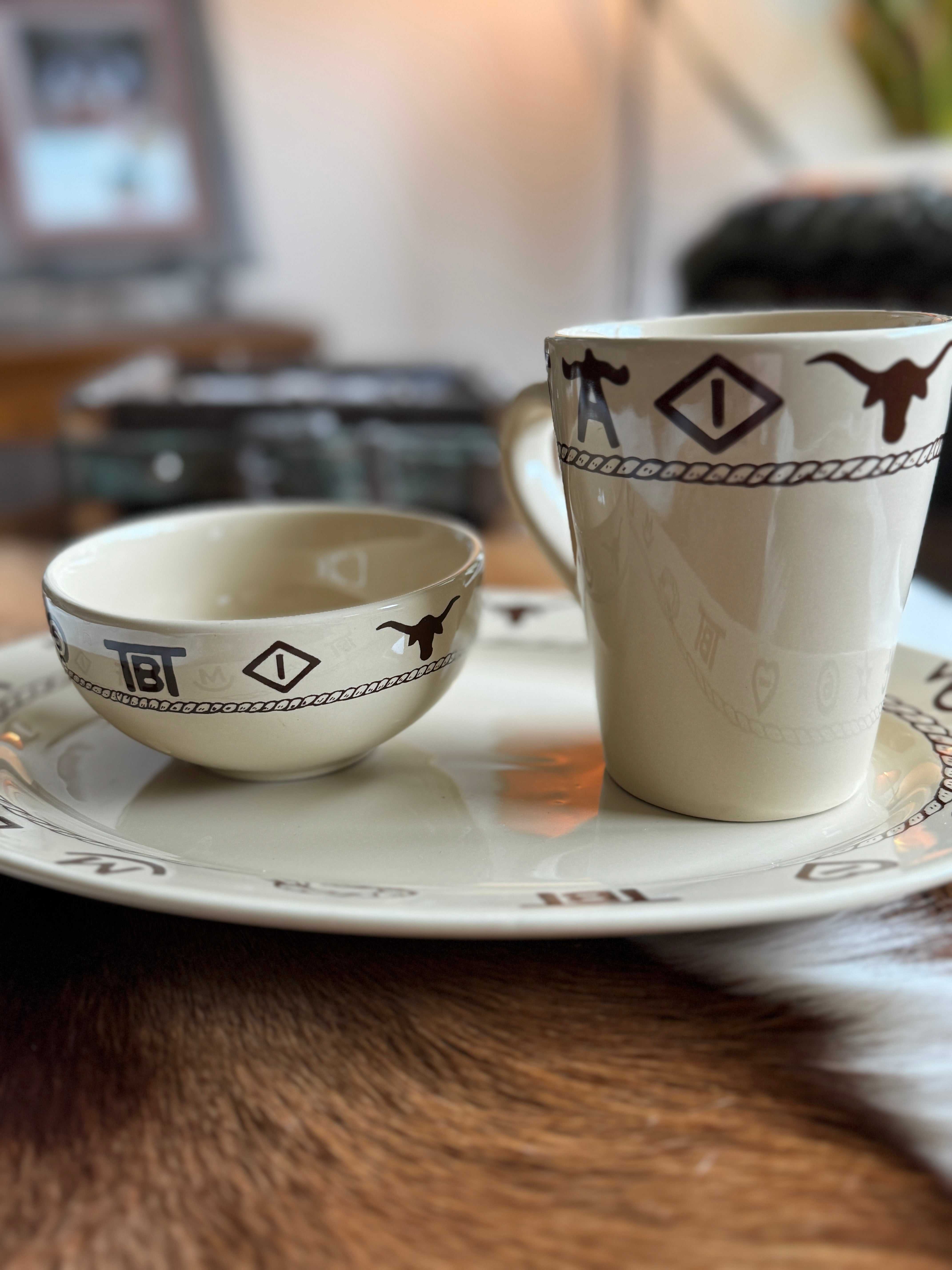 Ranch brands western cup and dipping bowl on oval platter