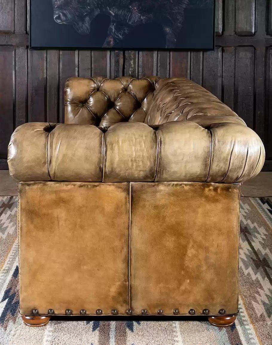 Maverick Chesterfield Couch in bone putty burnished leather - American made - Your Western Decor