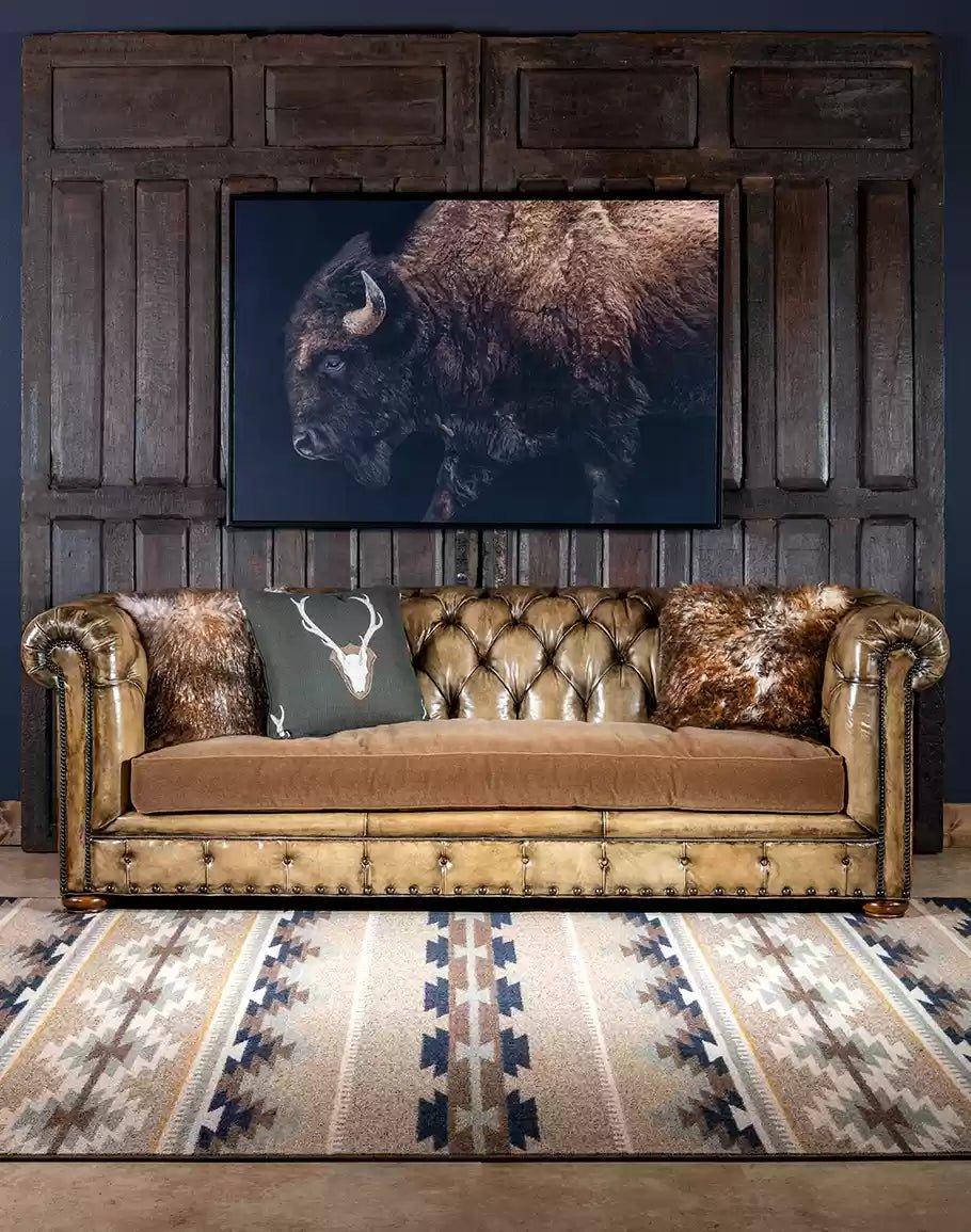 Maverick Chesterfield Couch in bone putty burnished leather with buffalo art and pillows - American made - Your Western Decor