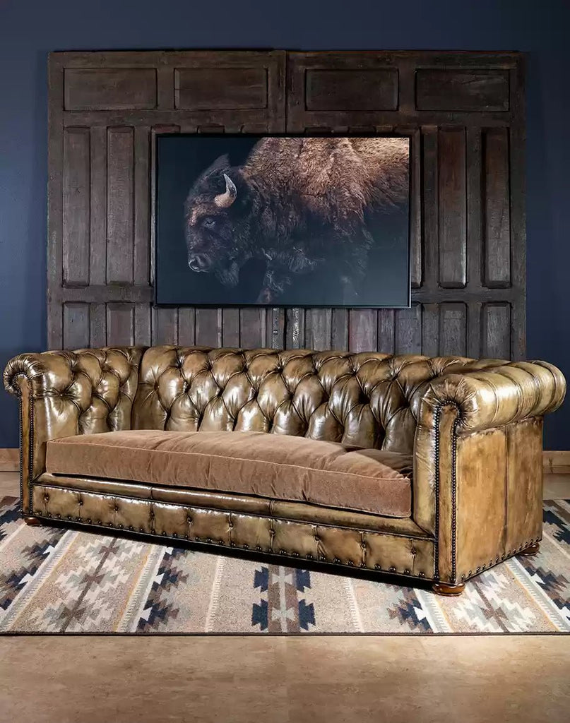 Maverick Chesterfield Couch in bone putty burnished leather - American made - Your Western Decor