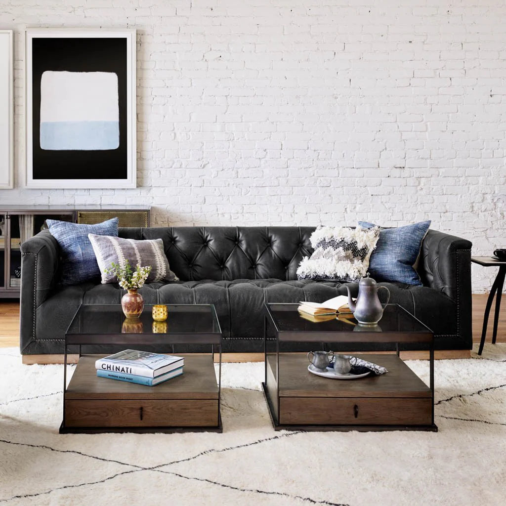 Maxine Distressed Tufted Sofa in distressed black fabric exposed wood - Your Western Decor