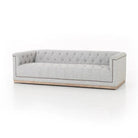 Maxine Distressed Tufted Sofa in light manor grey fabric exposed wood - Your Western Decor