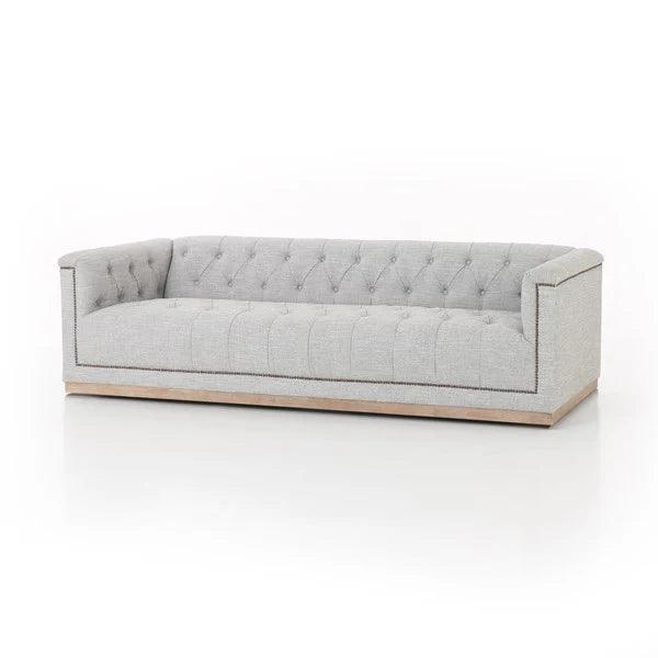 Maxine Distressed Tufted Sofa in light manor grey fabric exposed wood - Your Western Decor