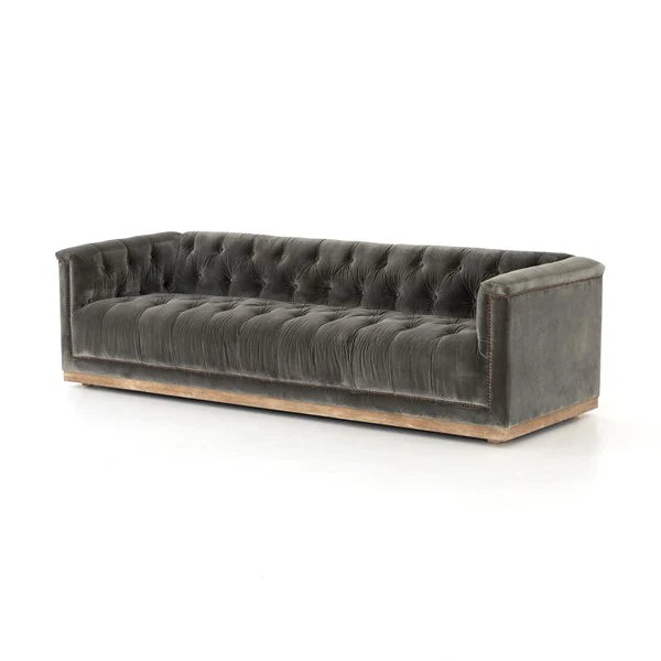 Maxine Distressed Tufted Sofa in sapphire birch fabric exposed wood - Your Western Decor