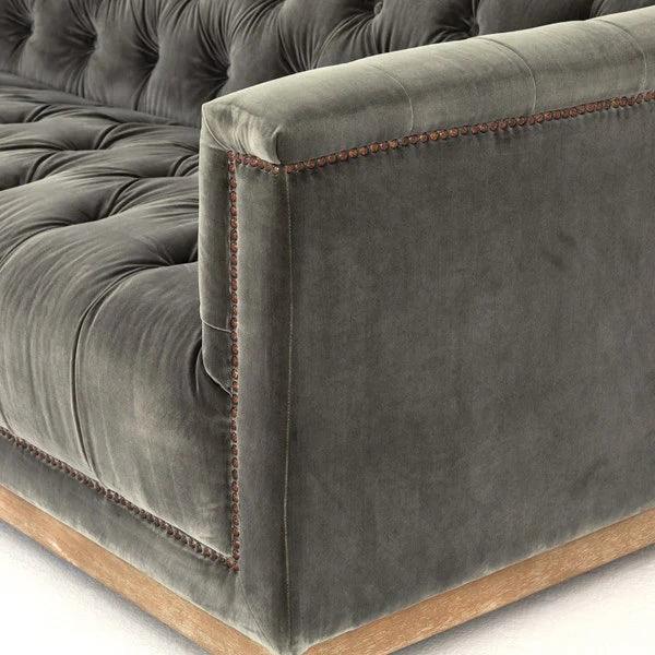 Maxine Distressed Tufted Sofa in sapphire birch grey fabric exposed wood - Your Western Decor