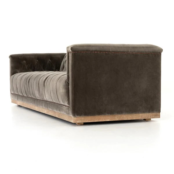 Maxine Distressed Tufted Sofa in sapphire birch grey fabric exposed wood - Your Western Decor