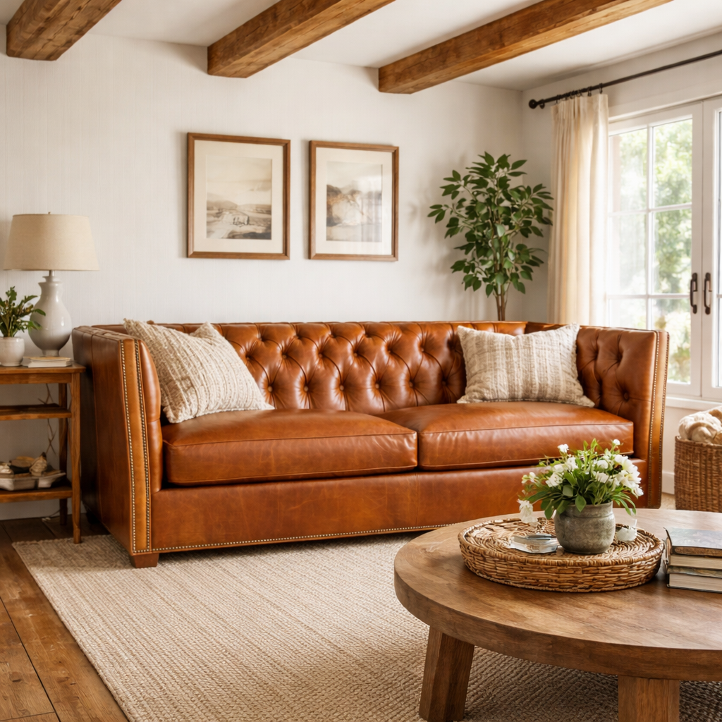 A warm brown leather Chesterfield sofa in a styled living room with white walls, exposed wooden ceiling beams, two framed landscape prints, a side table with a lamp, a round wooden coffee table, and a woven rug.