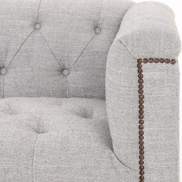 Maxine Distressed Tufted Sofa in light manor grey fabric exposed wood - Your Western Decor