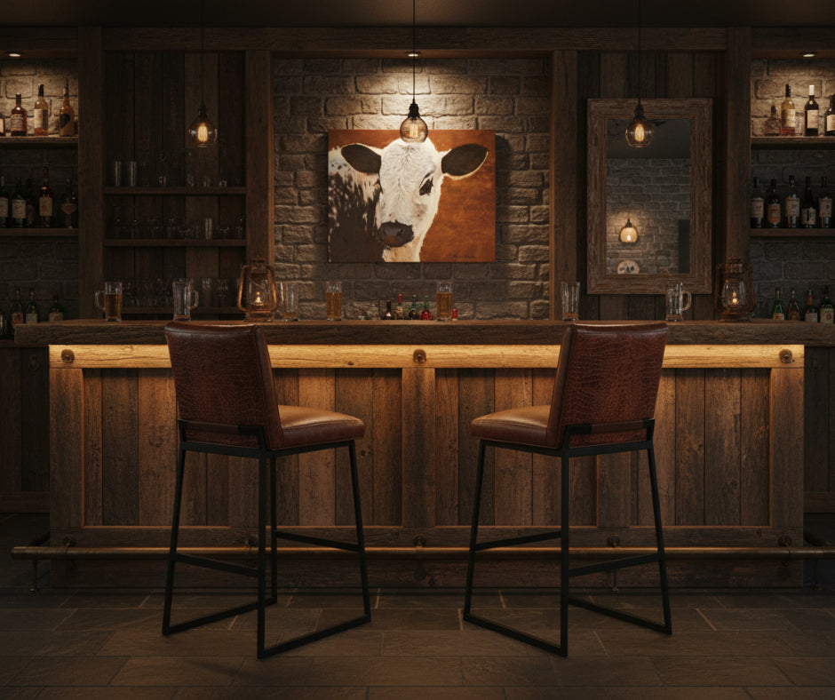 Bar setting with wooden bar, stools, and wall art of a cow's face - Your Western Decor