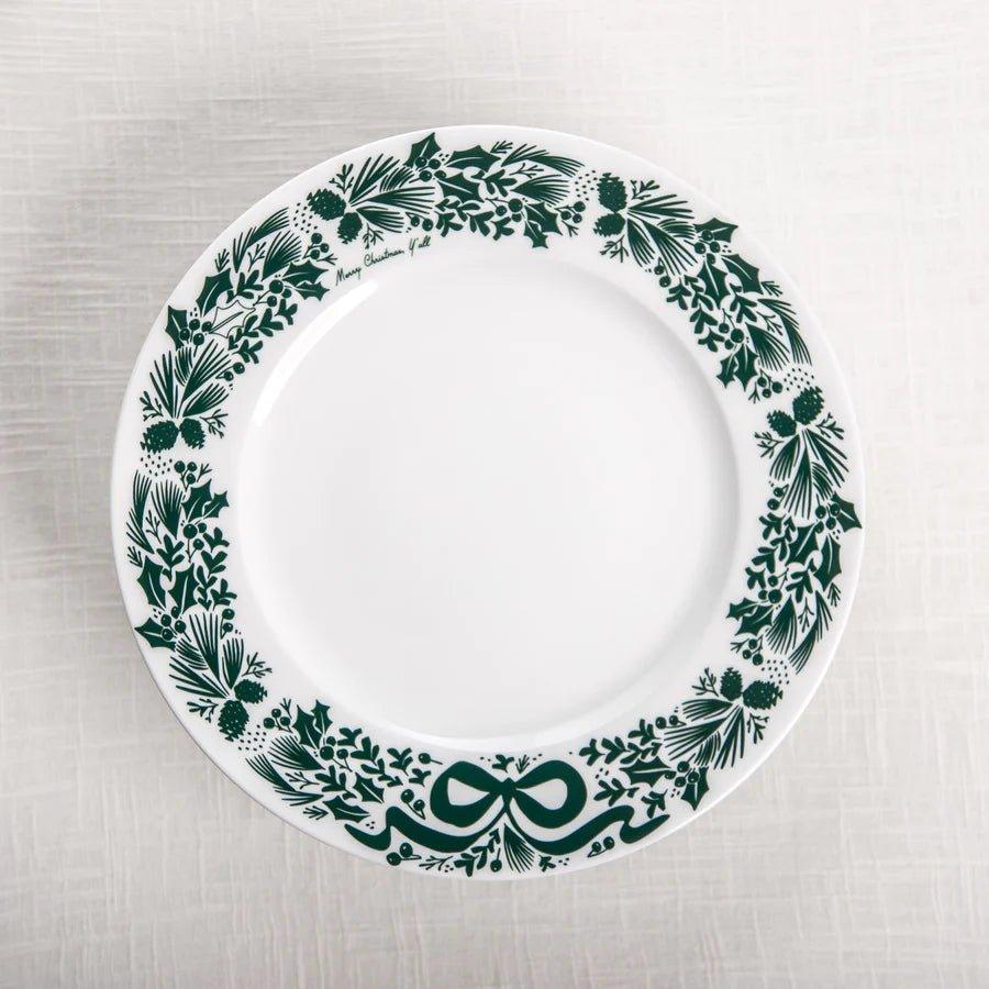 Green and white Christmas dinner plate made in the USA - Your Western Decor