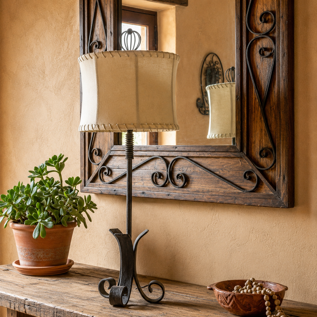Hand forged Western table lamp with burnt metal finish with white cylinder rawhide lamp shade