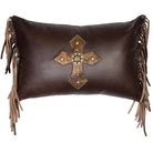 Mesa Espresso Leather and Cowhide Cross oblong pillow with cowhide cross and fringe made in the USA - Your Western Decor