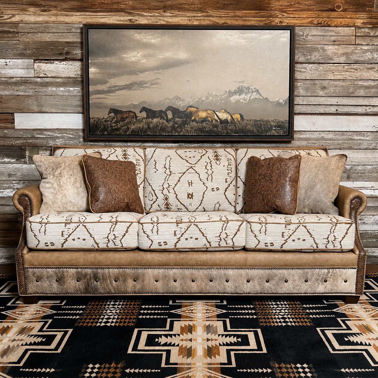 Mesa ranch lux sofa in Southwestern fabric, leather, and cowhide, with nail trim 