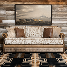 Mesa ranch lux sofa in Southwestern fabric, leather, and cowhide, with nail trim 